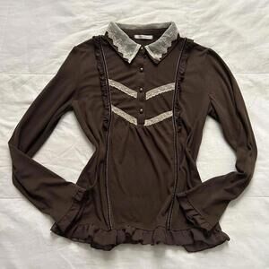 Axes Femme Brown long sleeve cream lace blouse with ruffles and buttons details